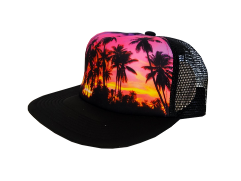 Hawaiian Headwear Foam Photo Sunset Trucker Hat - Black