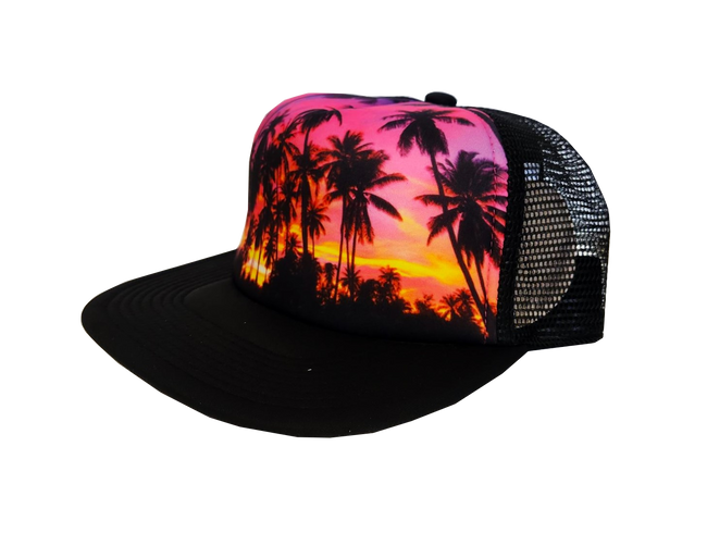 Hawaiian Headwear Foam Photo Sunset Trucker Hat - Black