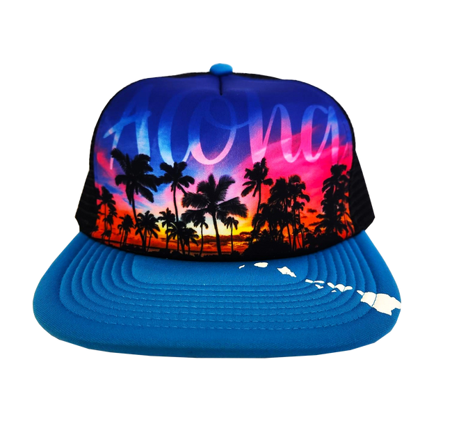 Hawaiian Headwear Front Photo Sunset Foam Trucker Hat - Blue