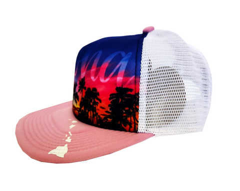 Hawaiian Headwear Front Photo Sunset Foam Trucker Hat - Pink