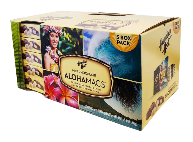 Hawaiian Host Milk Chocolate "ALOHAMACS" Creamy Milk Chocolate Covered Macadamias 5 Pack/5oz