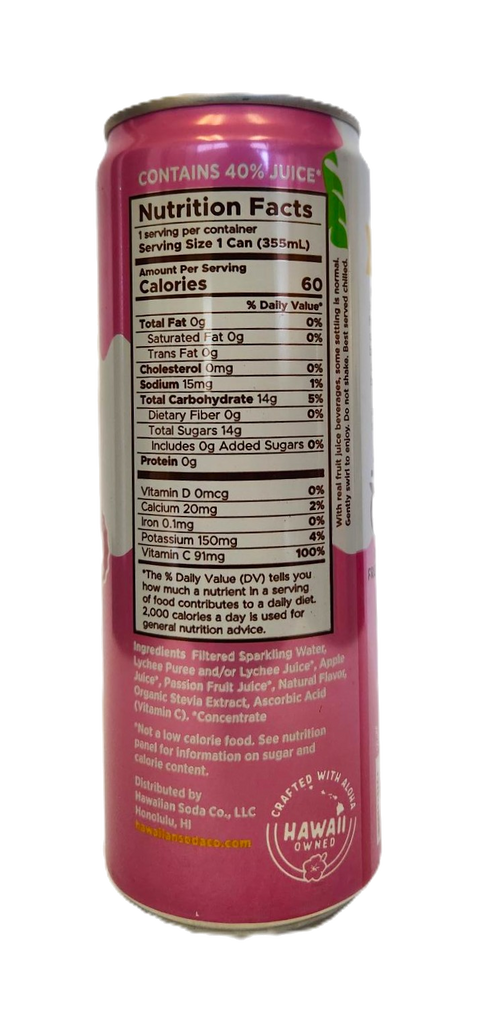 Hawaiian Soda Co. Sparkling Soda 12oz. - Lilikoi Lychee