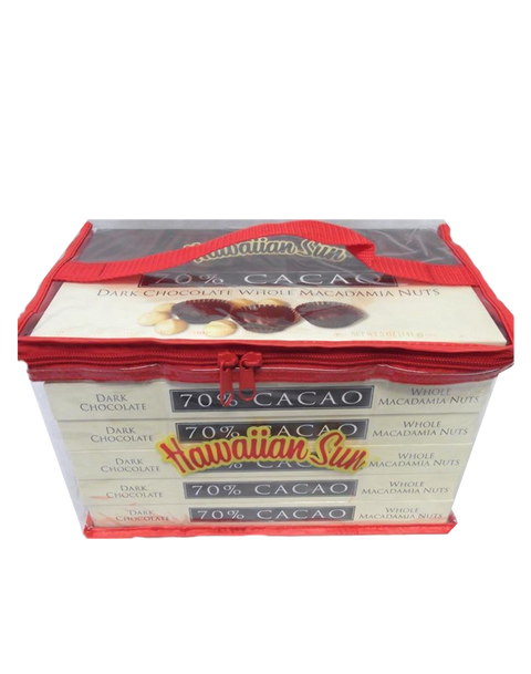 Hawaiian Sun 70% Cacao Dark Chocolate Covered Macadamia Nuts 5oz (6 Pack with tote bag)