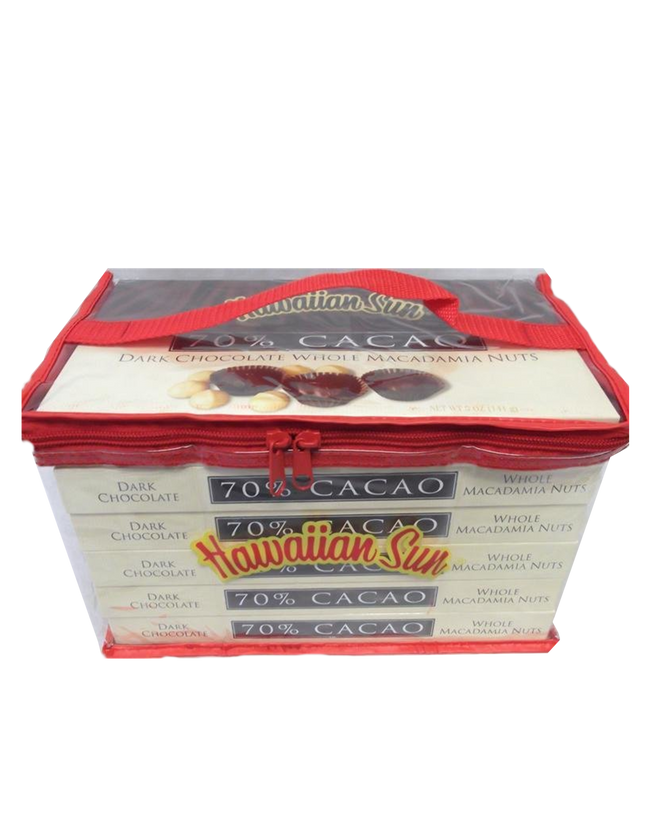 Hawaiian Sun 70% Cacao Dark Chocolate Covered Macadamia Nuts 5oz (6 Pack with tote bag)