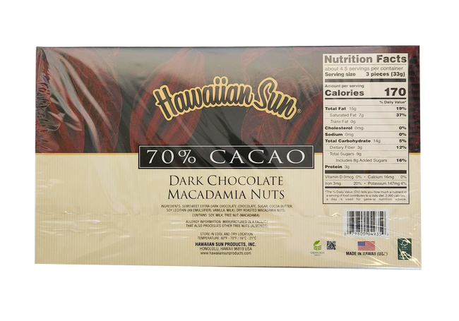 Hawaiian Sun 70% Cacao Dark Chocolate Covered Macadamia Nuts 5oz