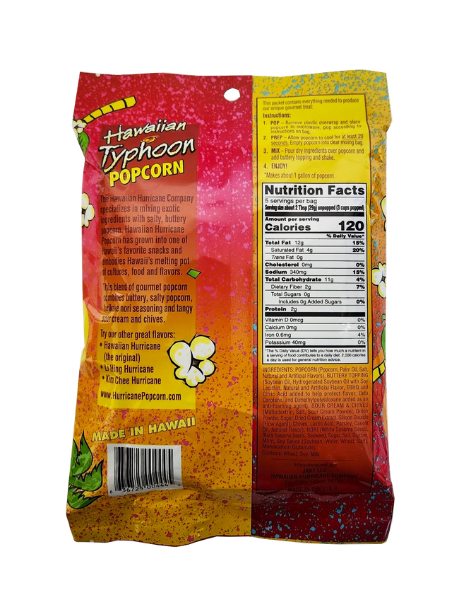 Hawaiian Hurricane Company Hawaiian Typhoon Microwave Popcorn Sour Cream/Chives/Nori Individual Pkg 5.1oz