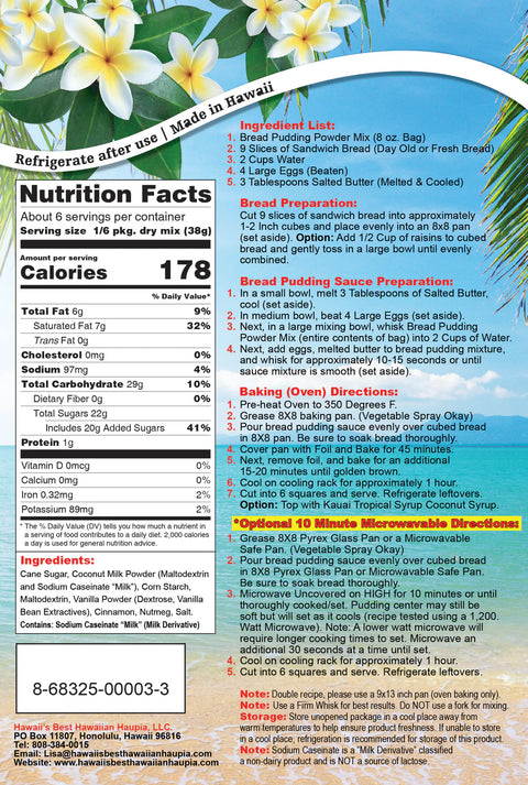 Hawaii's Best Hawaiian Creamy Coconut Bread Pudding Mix 8oz