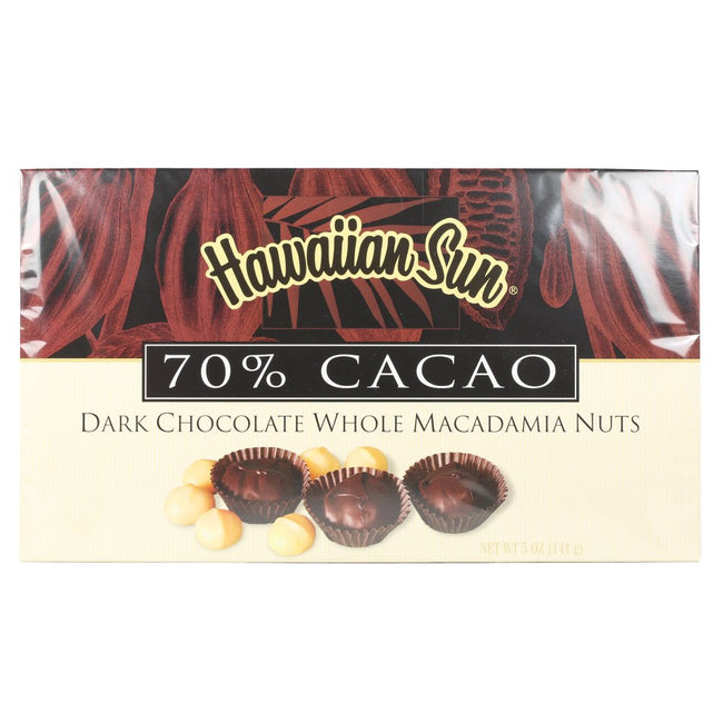 Hawaiian Sun 70% Cacao Dark Chocolate Covered Macadamia Nuts 5oz (6 Pack with tote bag)