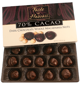 Hawaiian Sun 70% Cacao Dark Chocolate Covered Macadamia Nuts 5oz (6 Pack with tote bag)
